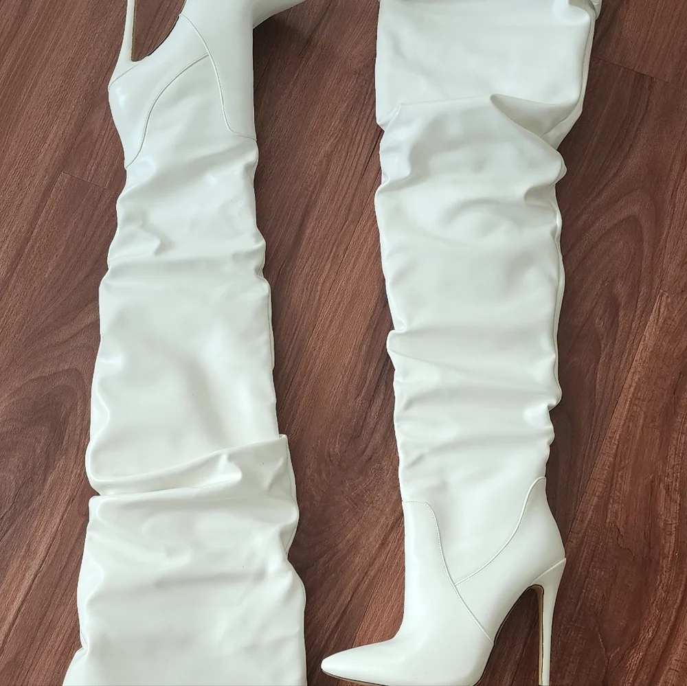 White Stiletto Thigh High Scrunch Boots - Picture 4 of 8
